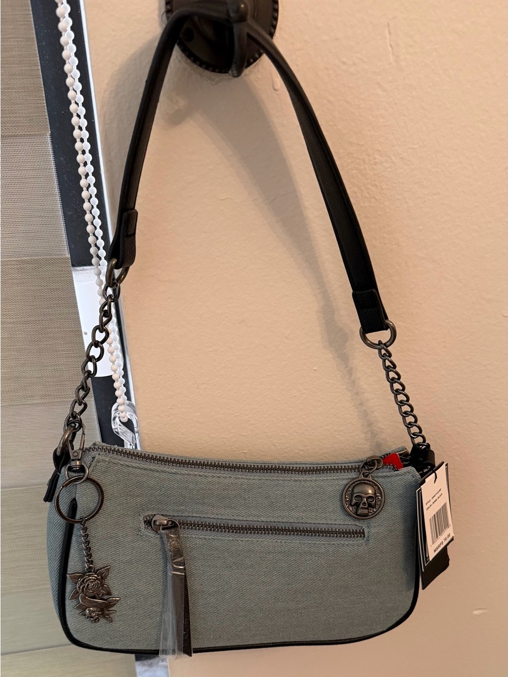 Ed Hardy Denim Baguette Mini Shoulder Bag with Red Floral Skull Embellishment - Picture 3 of 11